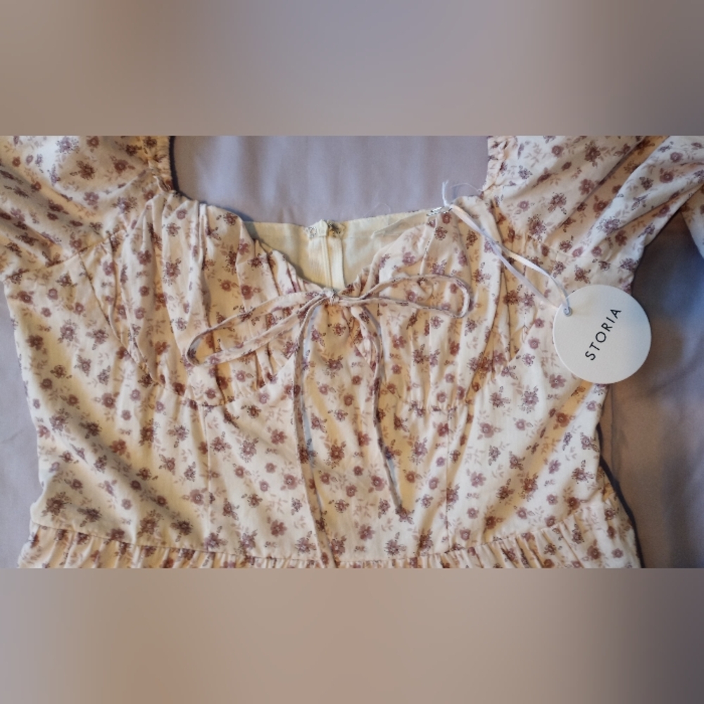 NWT Storia Puff Sleeve Cream & Pink Floral Dress Size Large - Picture 6 of 9